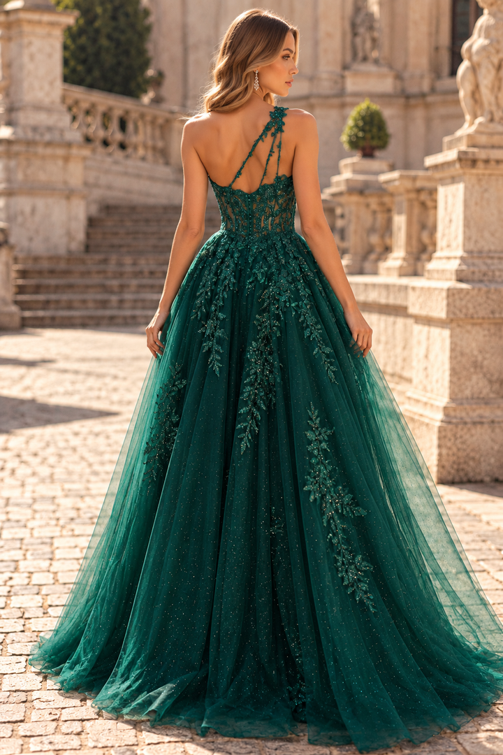 Green One Shoulder A-Line Lace Appliques Tulle Long Prom Dress