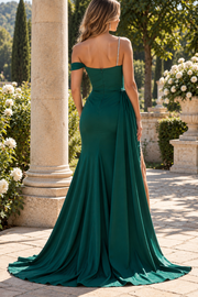 Green One Shoulder Sweetheart Beading Pleats Long Prom Evening Dress