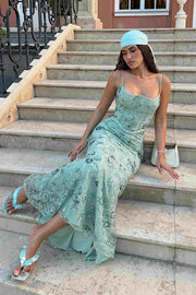 Green Spaghetti Straps Lace Appliques Pleats Long Prom Dress