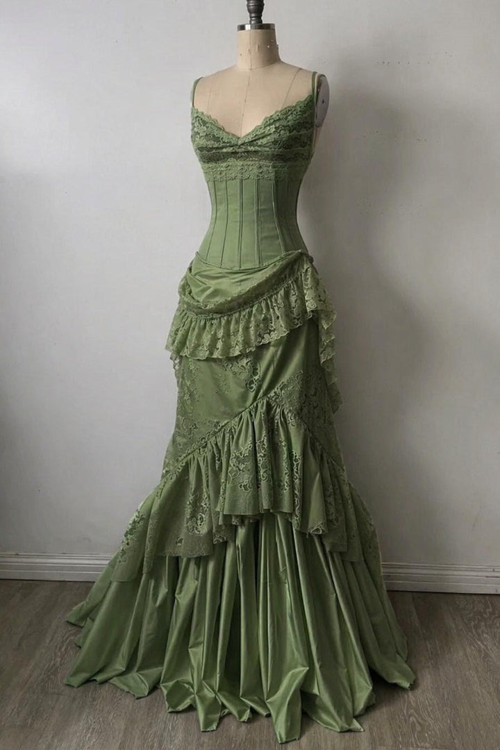 Green Spaghetti Straps V-Neck Ruffles Pleated Long Evening Formal Dress