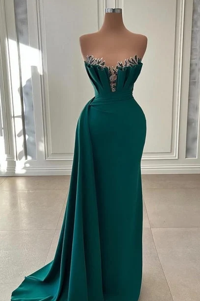 Green Strapless Beaded V-Neck Satin Prom Evening Dress
