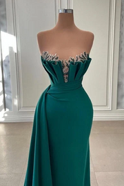 Green Strapless Beaded V-Neck Satin Prom Evening Dress