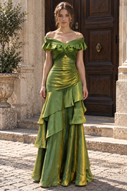 Green Tiered Off-Shoulder A-Line Pleats Long Prom Dress
