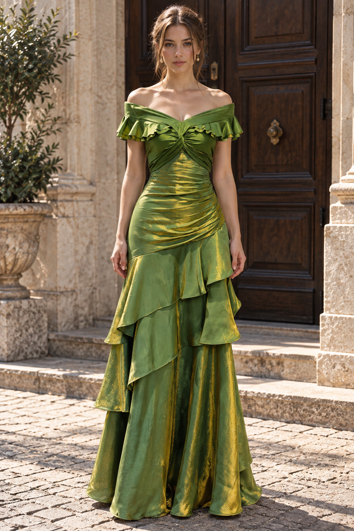 Green Tiered Off-Shoulder A-Line Pleats Long Prom Dress