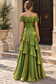 Green Tiered Off-Shoulder A-Line Pleats Long Prom Dress