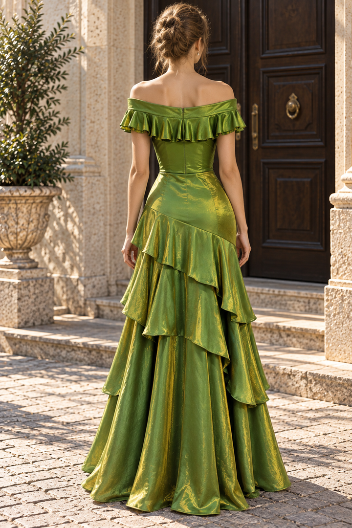 Green Tiered Off-Shoulder A-Line Pleats Long Prom Dress
