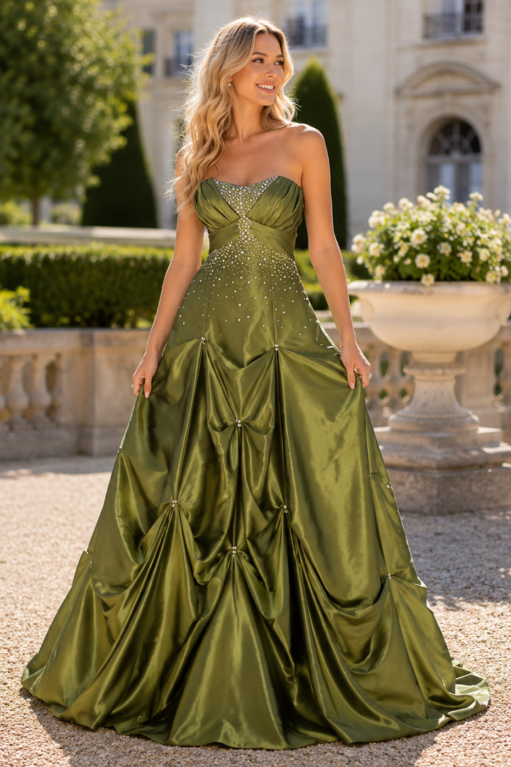 Green Vintage A-Line Strapless Ruched Long Prom Dress with Beads