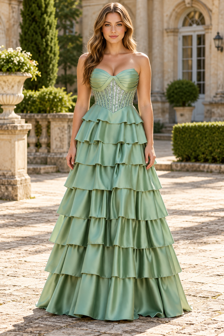 Elegant and timeless, this green A-line prom dress features a strapless sweetheart neckline that flatters every figure. The tiered satin design creates romantic volume and movement, perfect for making a stunning entrance. The flowing silhouette offers comfort without compromising on sophistication.