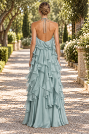 Halter A-Line Ruffles Sleeveless Backless Prom Evening Party Dress