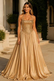 Halter Scoop Neck Bead A-Line Pleated Empire-Waist Long Prom Dress