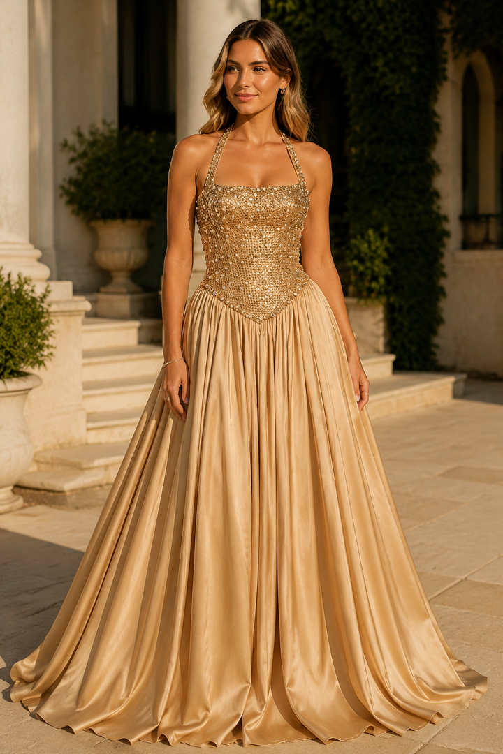 Halter Scoop Neck Bead A-Line Pleated Empire-Waist Long Prom Dress