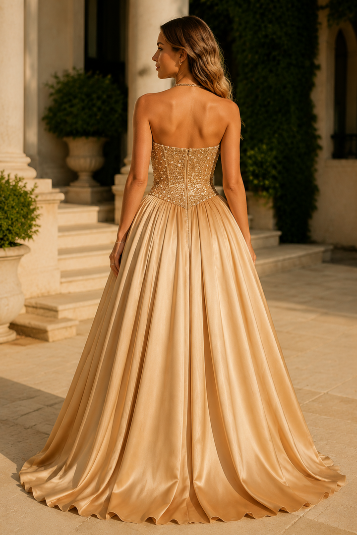 Halter Scoop Neck Bead A-Line Pleated Empire-Waist Long Prom Dress