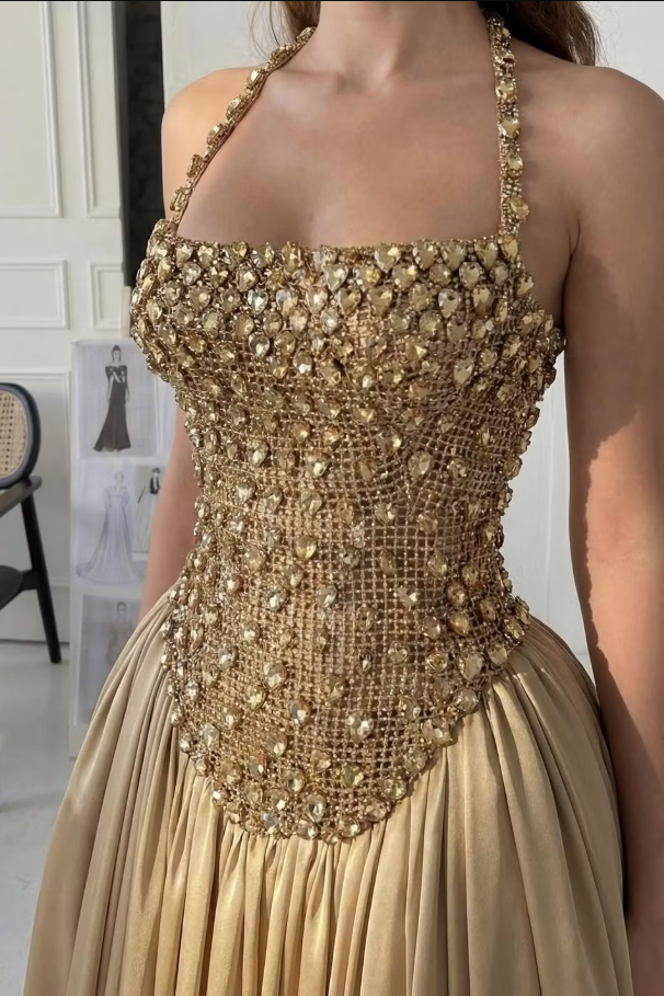 Halter Scoop Neck Bead A-Line Pleated Empire-Waist Long Prom Dress