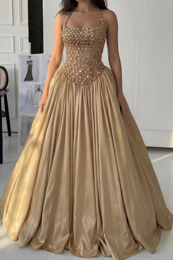 Halter Scoop Neck Bead A-Line Pleated Empire-Waist Long Prom Dress