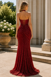 Halter Sparkly Mermaid Sequined Pleats Sleeveless Long Prom Dress