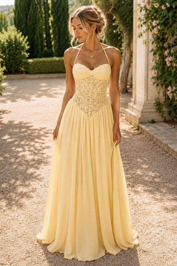Halter Sweetheart A-Line Empire-Waist Sleeveless Chiffon Prom Dress