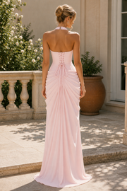 Halter V-Neck Sleeveless Pleats Satin Prom Formal Dress with Slit