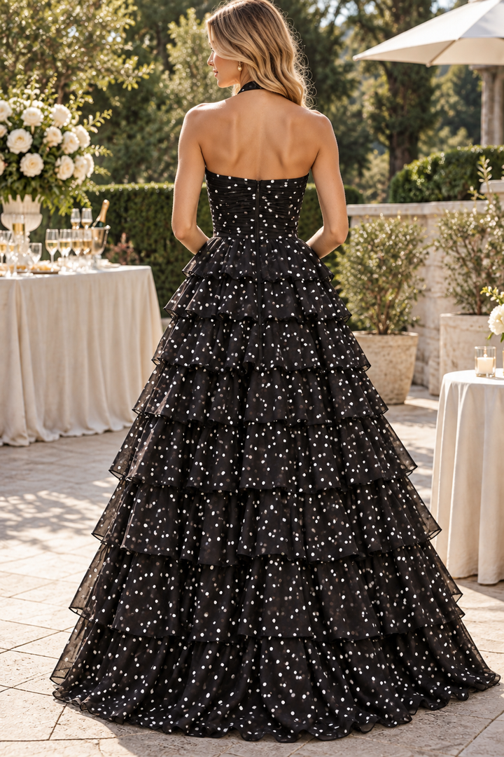 Halter Black Polka Dots A-Line Ruffles Chiffon Long Prom Dress with Slit