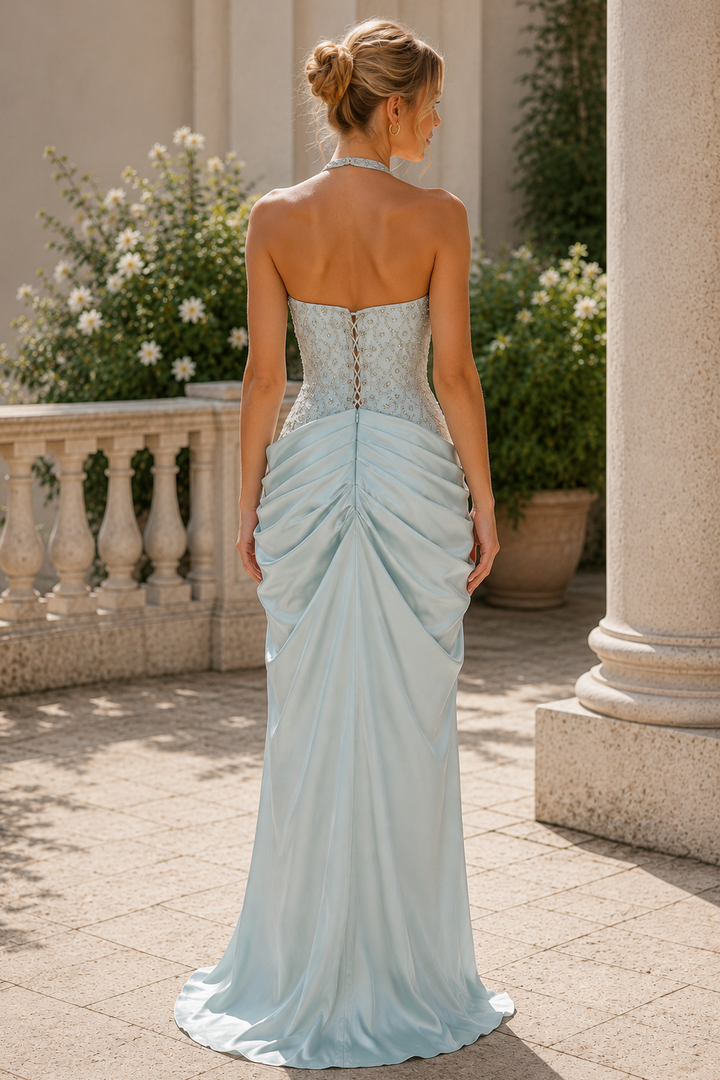 Halter Square Bead Satin Pleats Long Evening Prom Dress with Slit