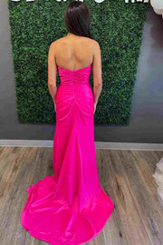 Hot Pink Strapless Beads V-Neck Pleated Long Prom Dress with Slit