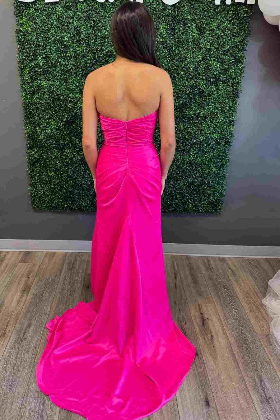 Hot Pink Strapless Beads V-Neck Pleated Long Prom Dress with Slit