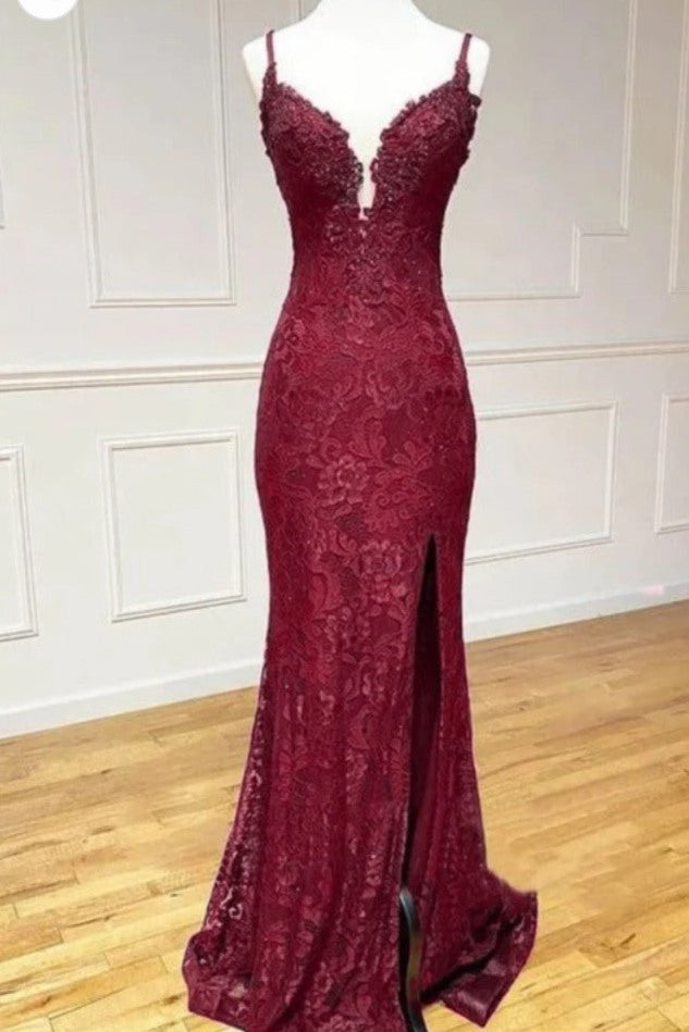 Lace Spaghetti Straps V-Neck Mermaid Formal Prom Dress with Slit Modsele Lace Spaghetti Straps V-Neck Mermaid Formal Prom Dress with Slit Modsele