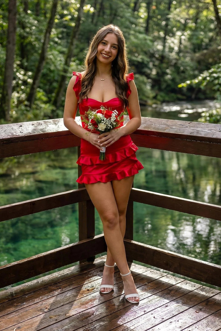 Red Straps Sweetheart Sleeveless Bodycon Ruffles Satin Short Homecoming Dress
