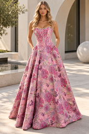Jacquard Pink Stunning A-Line Strapless Long Prom Dress with Pearls