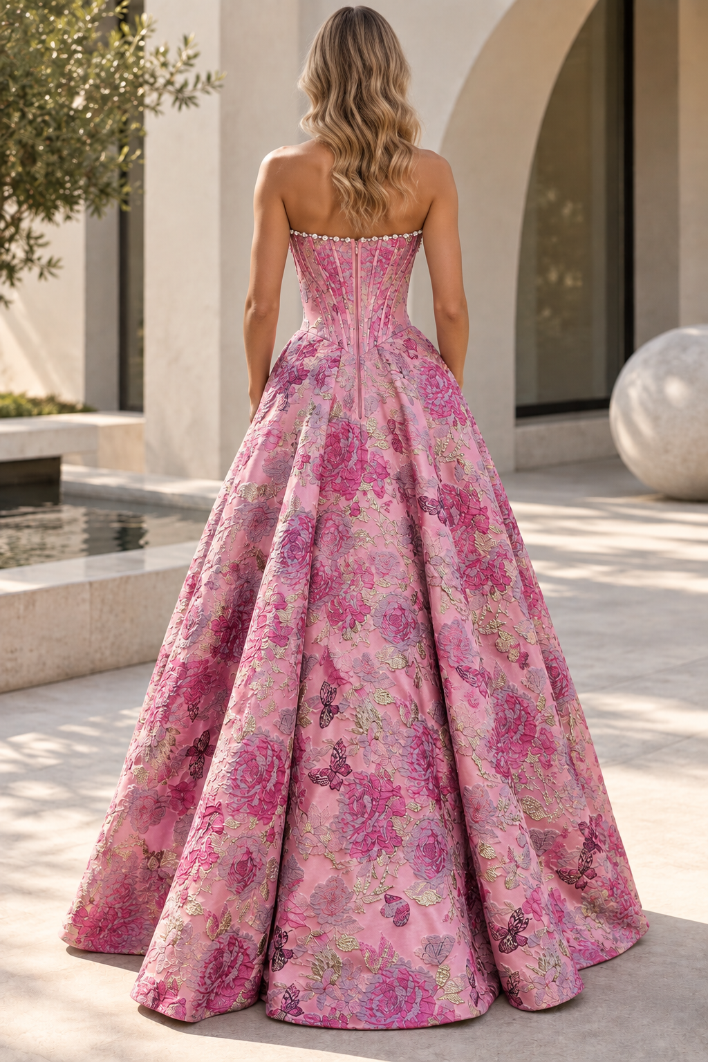 Jacquard Pink Stunning A-Line Strapless Long Prom Dress with Pearls