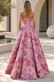 Jacquard Pink Stunning A-Line Strapless Long Prom Dress with Pearls