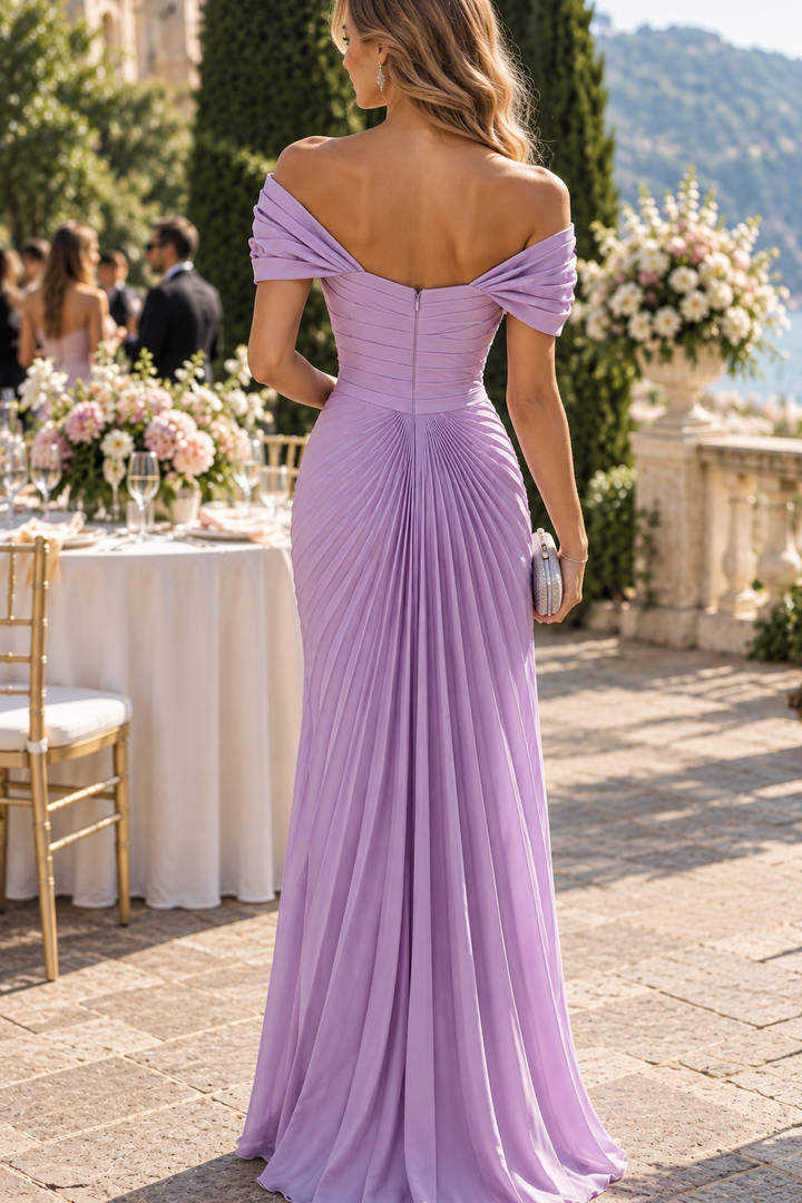 Lavender Off-Shoulder A-Line Pleated Chiffon Prom Evening Dress