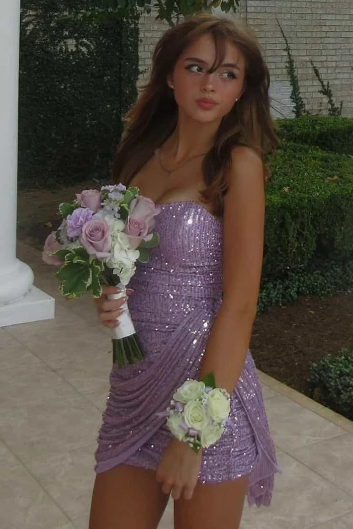Lavender Sequin Strapless Mini Dress Ruched Homecoming Dress