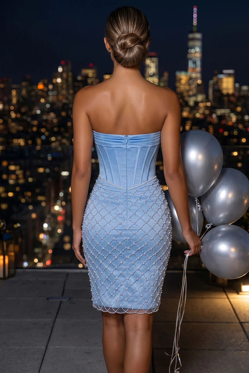 Light Blue Beaded Corset Homecoming Mini Dress with Side Slit