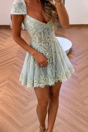 Light Blue Lace Corset A-Line Homecoming Mini Dress with Cap Sleeves