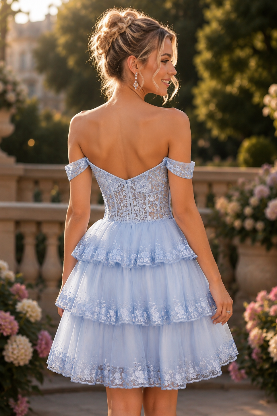 Light Blue Off Shoulder Lace Corset Homecoming Mini Dress with Tulle