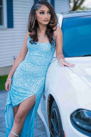 Light Blue Spaghetti Straps Sequined High Slit Long Prom Dress with Slit