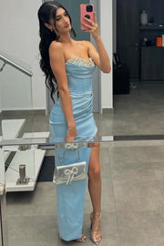 Light Blue Strapless V-Neck Beads Pleated Long Prom Dress with Slit