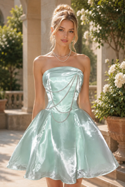 Light Blue Strapless Pearl Homecoming A-Line Mini Dress
