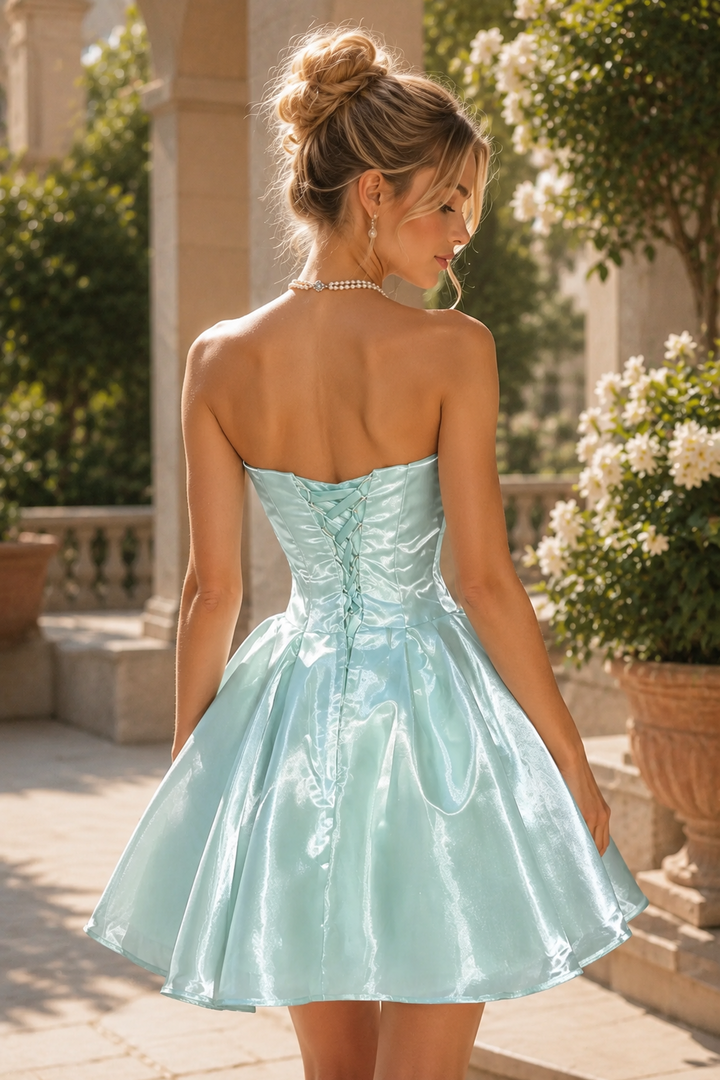 Light Blue Strapless Pearl Homecoming A-Line Mini Dress