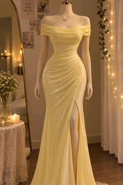 Light Yellow Glitter Off-Shoulder Mermaid Pleats Long Prom Dress with Slit