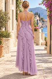 Lilac Halter A-Line Chiffon Ruffles Sleeveless Long Prom Formal Dress