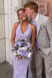 Lilac Halter V-Neck Lace High Slit Sleeveless Mermaid Prom Dress