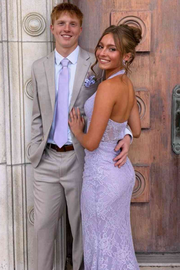 Lilac Halter V-Neck Lace High Slit Sleeveless Mermaid Prom Dress