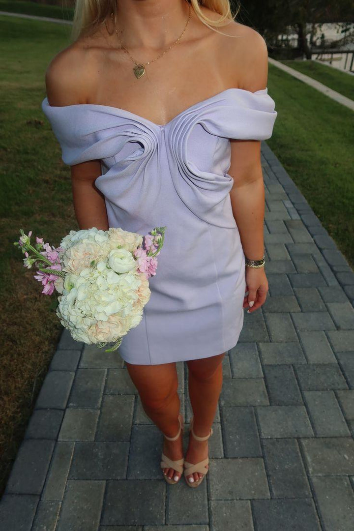 Lilac Off-Shoulder Ruched Satin Homecoming Mini Dress