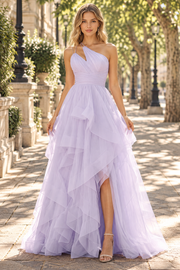 Lilac One Shoulder Ruffles Empire-Waist A-Line Prom Dress