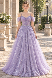 Lilac Spaghetti Straps Sweetheart Glitter A-Line Sequins Long Prom Dress with Beading
