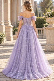 Lilac Spaghetti Straps Sweetheart Glitter A-Line Sequins Long Prom Dress with Beading