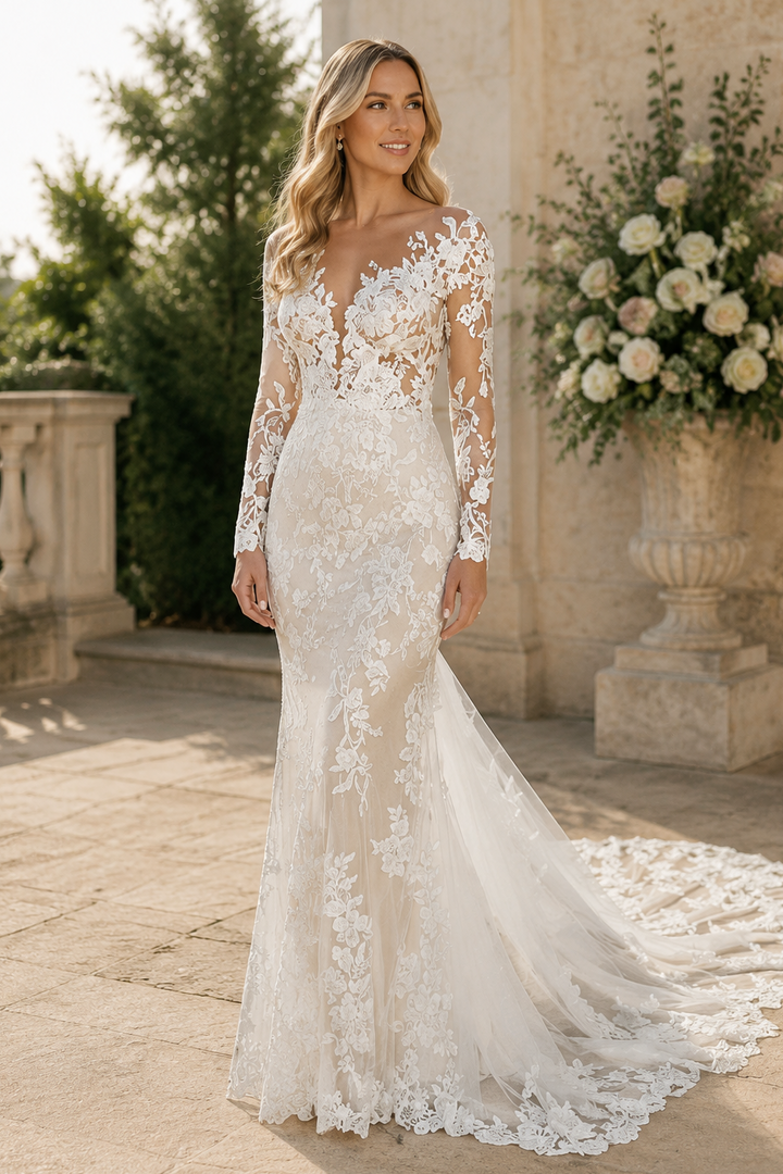 Long Sleeve Lace Mermaid Wedding Dress with Illusion V Neck Train