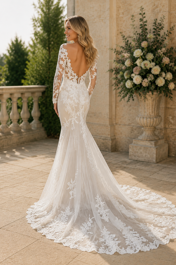 Long Sleeve Lace Mermaid Wedding Dress with Illusion V Neck Train