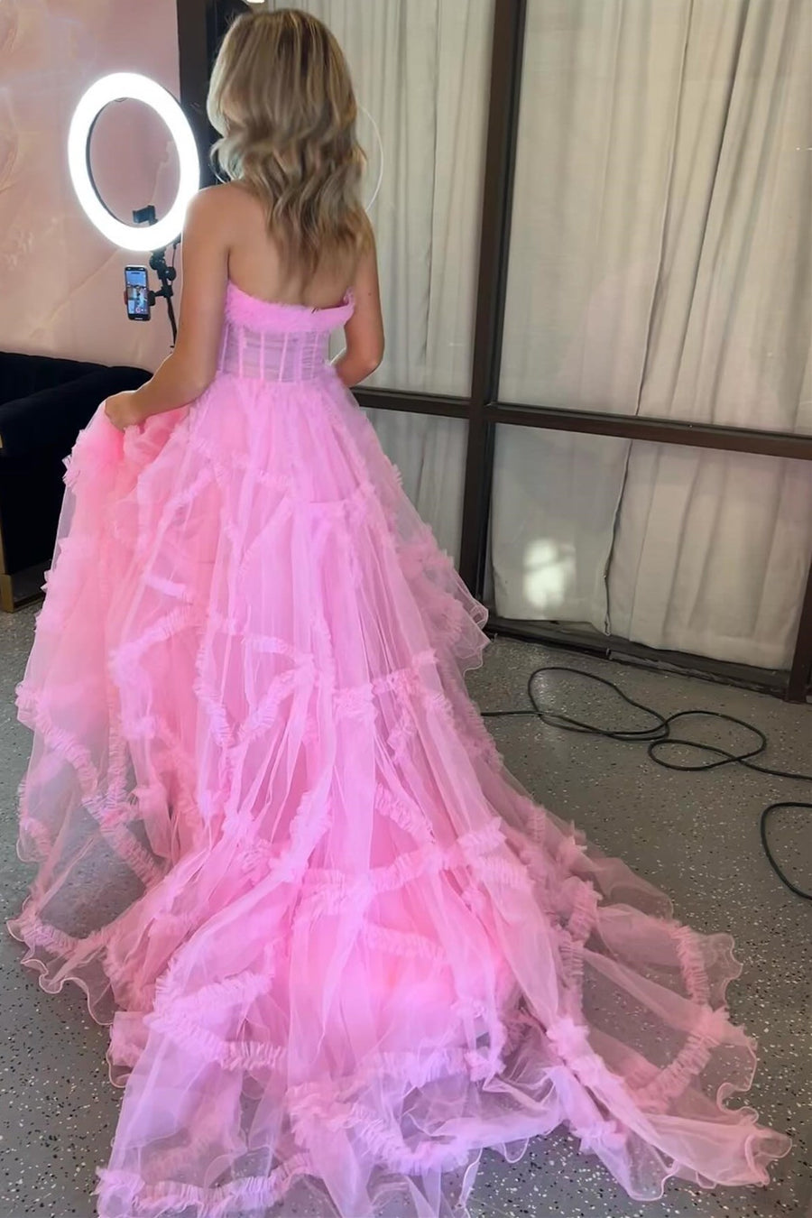 Magenta Strapless Ruffles A-Line Long Formal Dress with Puff Sleeves Modsele Magenta Strapless Ruffles A-Line Long Formal Dress with Puff Sleeves Modsele